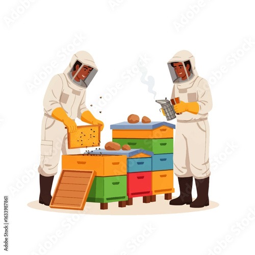 Two beekeepers in protective suits inspect colorful beehives, carefully managing honeycombs and bees.