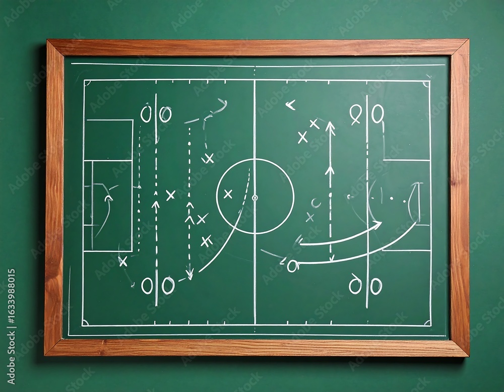 Fototapeta premium Framed chalkboard depicting a soccer game strategy with hand-drawn markings