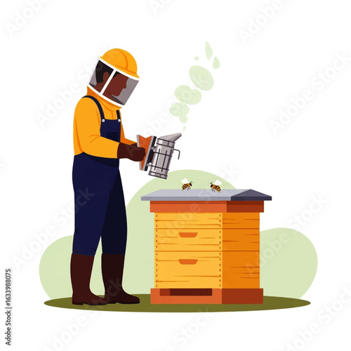 A beekeeper in protective gear uses a smoker near a wooden beehive.