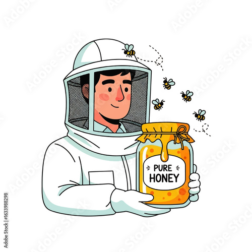A cartoon beekeeper in protective suit holding a jar of honey.
