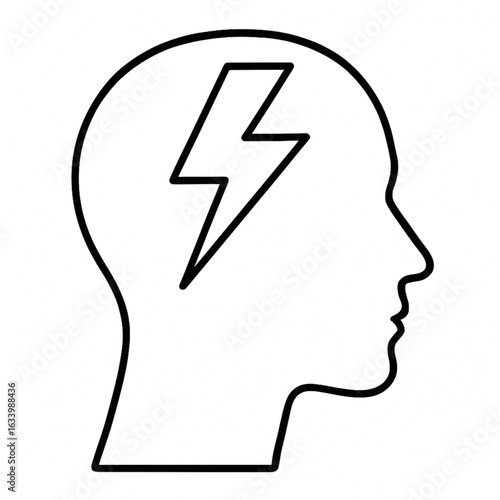 Minimalist Human Head Profile with Lightning Bolt Inside – Line Art Symbolizing Inspiration, Mental Energy, and Sudden Ideas

