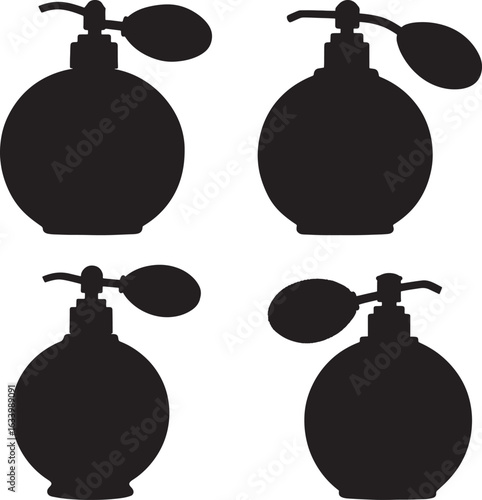 Four vintage perfume atomizer bottles silhouette isolated on white background
