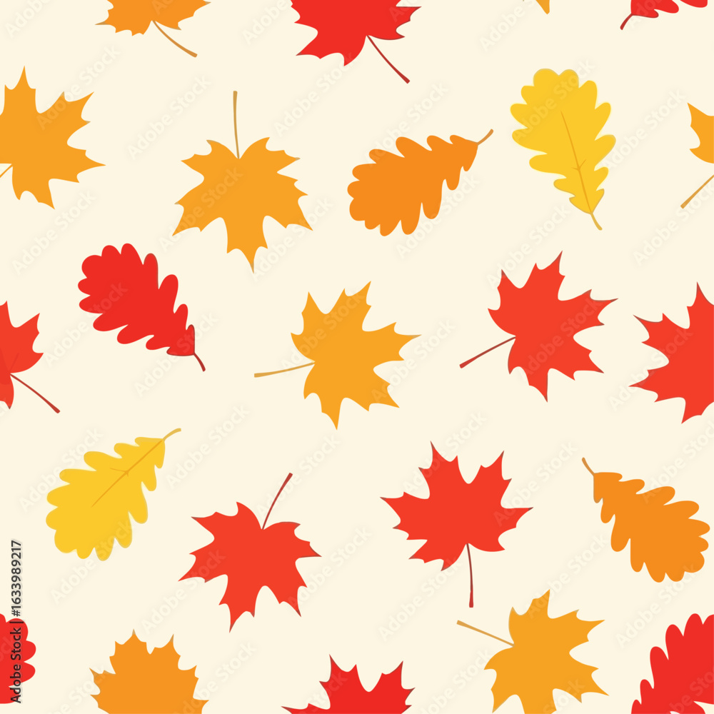 Fototapeta premium Autumnal leaf pattern: red, orange, and yellow maple and oak leaves on a cream background.