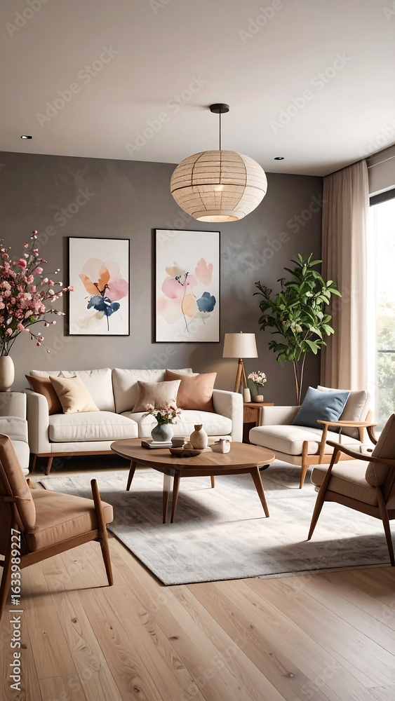 Fototapeta premium Modern living room with neutral tones and minimalist art