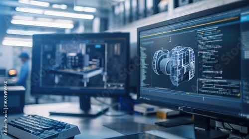 Wallpaper Mural Two computer monitors displaying 3D models of a camera and a mechanical part, with a keyboard in the foreground and a blue and white background. Torontodigital.ca