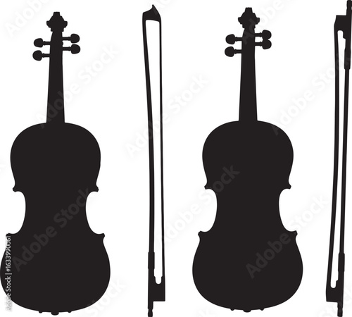 Two violins and bows in silhouette against a white background