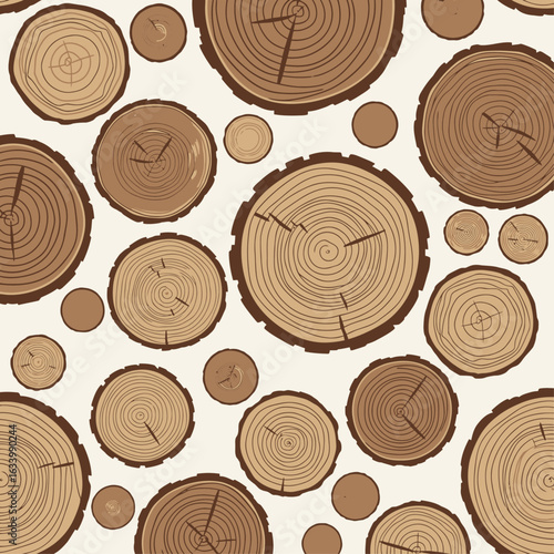 Natural rustic pattern of wood log slices and tree ring cross-sections illustration