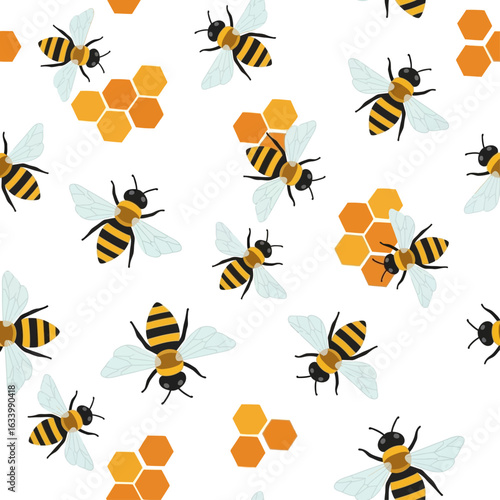 Busy bees and honeycombs repeat in a cheerful pattern.
