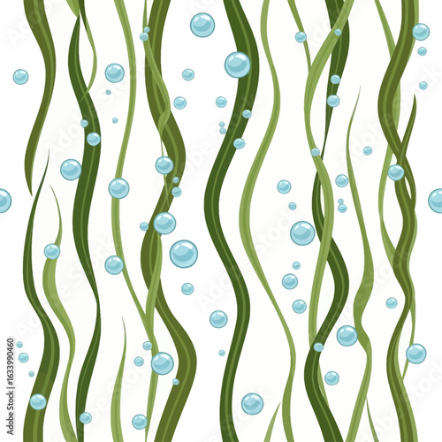 Cartoon illustration of green seaweed strands with floating bubbles against a white background.