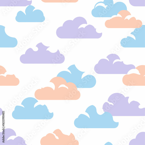Colorful, repeating pattern of cartoon-style clouds in various pastel shades against a white background.