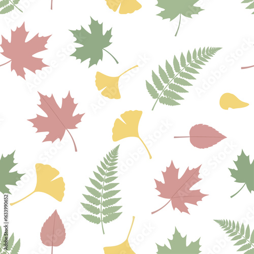 Seamless pattern featuring an assortment of colorful autumn leaves, including maple, ginkgo, fern, and birch, scattered across a white background.