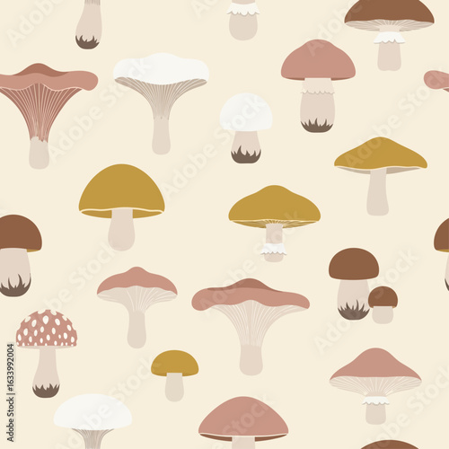 A seamless pattern featuring various illustrated wild mushrooms in muted, earthy tones.