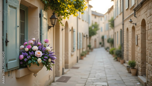 Fototapeta Naklejka Na Ścianę i Meble -  Village street in old town of Jerusalem with traditional stone houses flowers and Mediterranean architecture