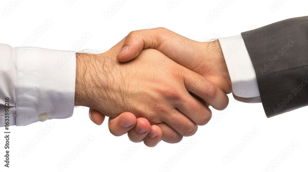 Two hands shaking, one with a white shirt and the other with a suit Two hands shaking, one with a white shirt and the other with a suit