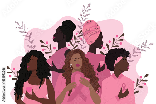 African american group of women with pink ribbon.  Breast cancer awareness month banner. Disease prevention, solidarity or charity campaign flyer. 