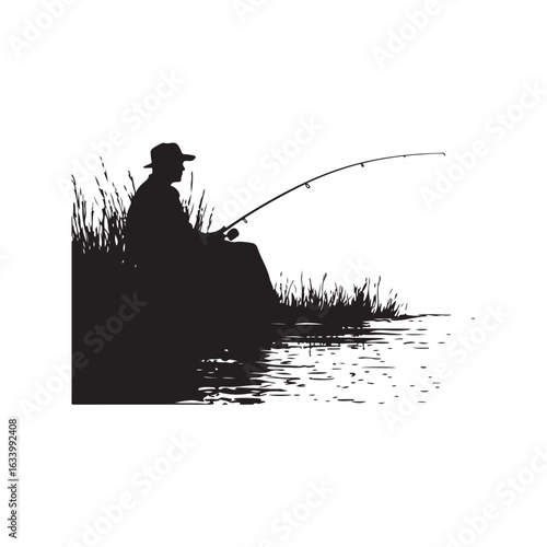 Fisherman silhouette, Fisherman vector illustration, Silhouette of a Fisherman, fisher man silhouette vector isolated on white background, Silhouette Illustration of a Fisherman by a Lake