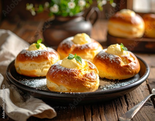 Wallpaper Mural Four golden-brown pastries, topped with creamy filling and powdered sugar, rest on a dark plate Torontodigital.ca