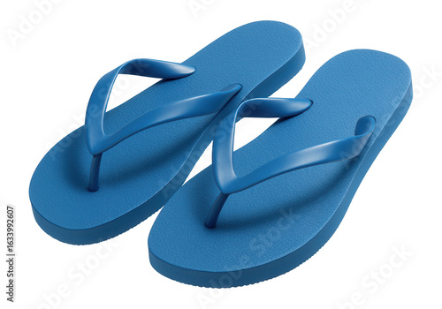 Pair of blue flip-flops with textured soles and thong straps on transparent background.