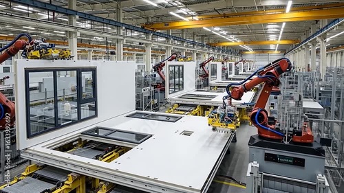 Industrial robots precisely building modular housing components on an assembly line