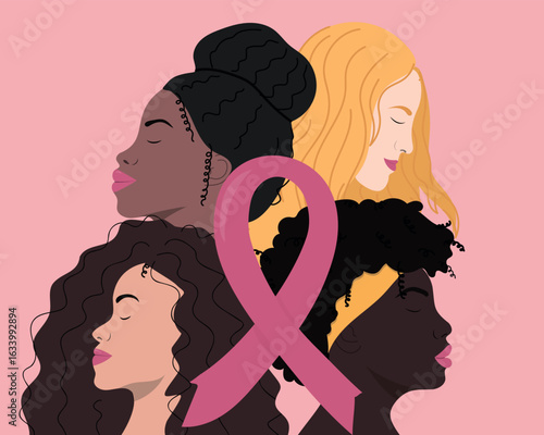 Profile of multiethnic group of women with pink ribbon.