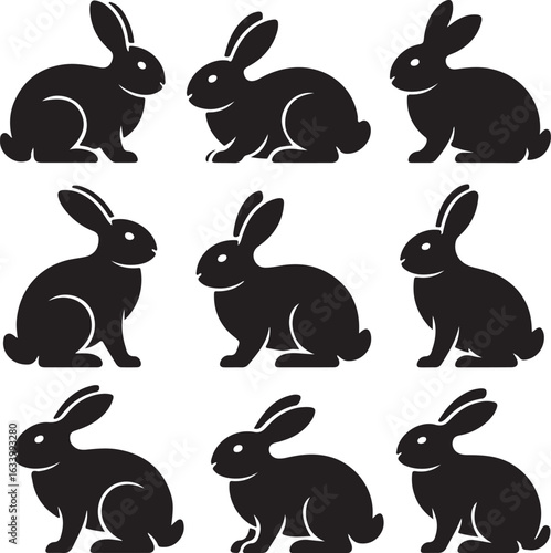 Collection of stylized black rabbit silhouettes. A set of simple bunny icons arranged in a grid pattern, ideal for graphic design and decorative use.