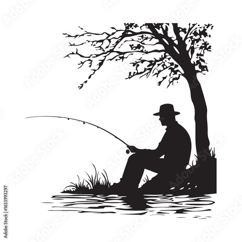 Fisherman silhouette, Fisherman vector illustration, Silhouette of a Fisherman, fisher man silhouette vector isolated on white background, Silhouette Illustration of a Fisherman by a Lake