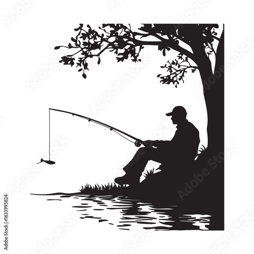 Fisherman silhouette, Fisherman vector illustration, Silhouette of a Fisherman, fisher man silhouette vector isolated on white background, Silhouette Illustration of a Fisherman by a Lake