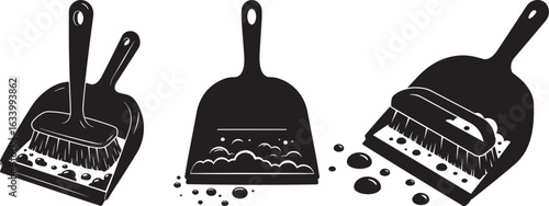Three black dustpans with brushes and debris silhouette