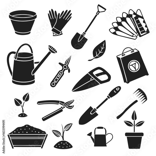 Flat black gardening silhouette icons including gloves, watering can, shovel, compost bag, pruning shears, plant markers, and flowerpots for hobby gardening or agriculture design use