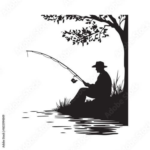 Fisherman silhouette, Fisherman vector illustration, Silhouette of a Fisherman, fisher man silhouette vector isolated on white background, Silhouette Illustration of a Fisherman by a Lake
