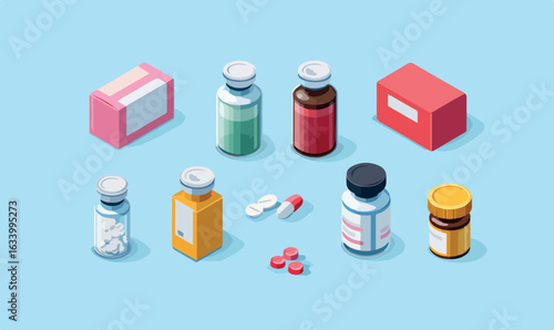 Isometric Medicine Vials and Pills Vector Set