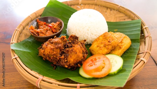 A high-resolution top-down image of Indonesian ayam penyet (smashed fried chicken) served with sambal, fresh vegetables, and tofu on a banana leaf and woven bamboo plate.