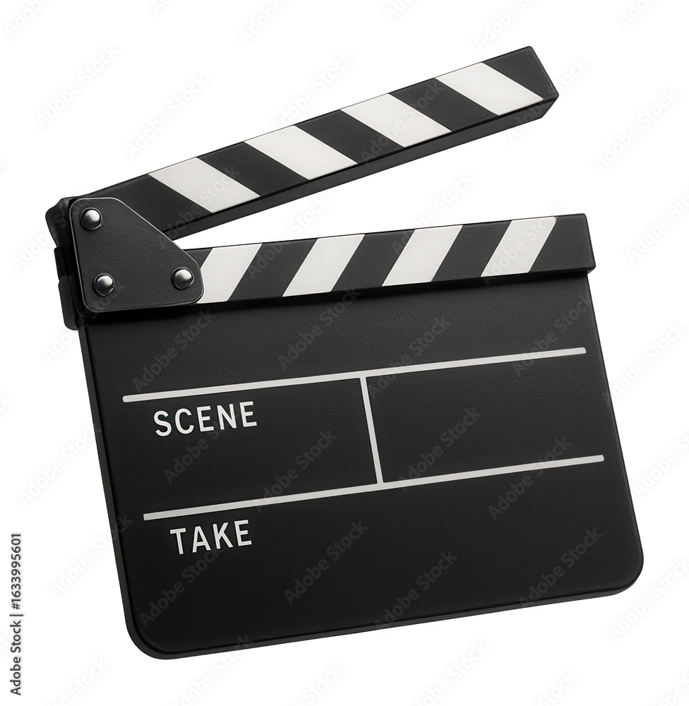 Fototapeta premium Black and white film clapperboard with a hinged arm and space for scene and take information on transparent background.