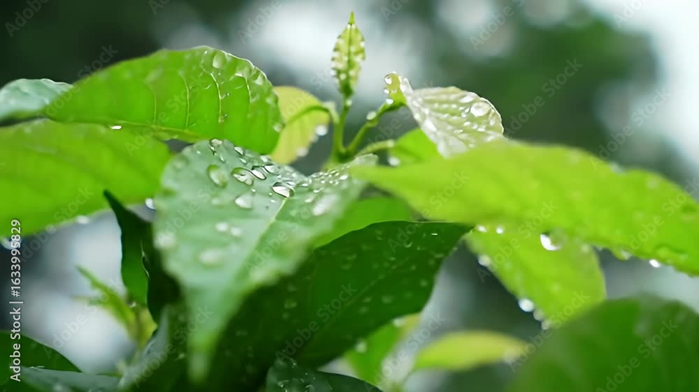 Dewy green leaves against soft, blurry background fill the foreground with freshness Dewy green leaves against soft, blurry background fill the foreground with freshness