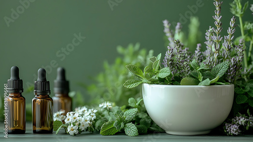 Amber glass dropper bottles with fresh herbs and lavender in white bowl herbal healing natural remedies
