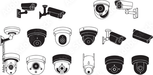 Assortment of black and white silhouette icons of various security and surveillance cameras security camera