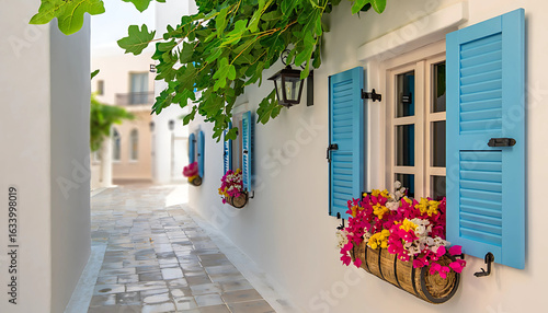 Fototapeta Naklejka Na Ścianę i Meble -  Narrow street with old stone houses and flowers in the historic old town
