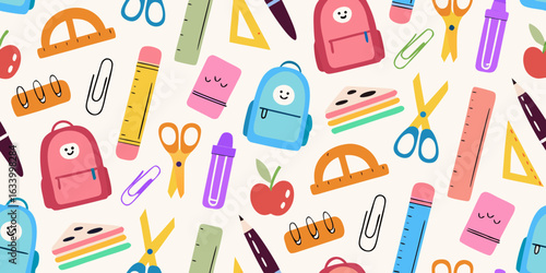 Cute kawaii school supplies pattern with backpacks and stationery