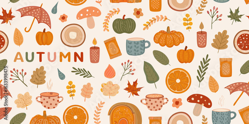 Cozy autumn elements with pumpkins leaves and hot drinks