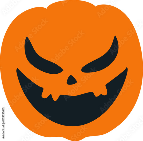 A scary and sinister jack-o'-lantern face with a wide, toothy grin and evil eyes.