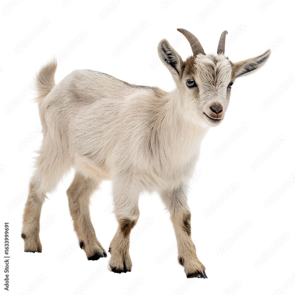 Obraz premium Isolated baby goat white kid standing adorable farm animal livestock caprine mammal domestic horned cute young