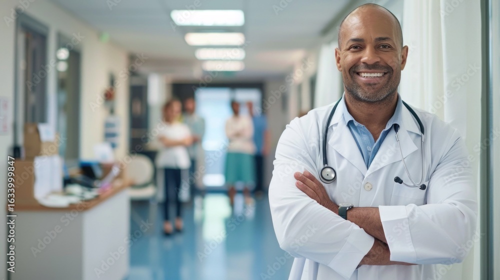 A smiling doctor standing in a hospital corridor with his arms crossed, wearing a white coat and stethoscope, with a group of people in the background. A smiling doctor standing in a hospital corridor with his arms crossed, wearing a white coat and stethoscope, with a group of people in the background.