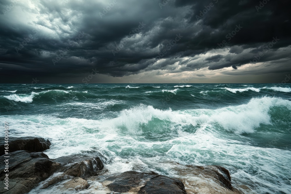 Obraz premium Massive ocean wave under dramatic storm sky 