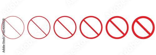 collection of prohibition signs with diagonal lines in circular outline in red colour. vector icons representing no entry, restricted access, forbidden zones or general prohibition warnings. icons.