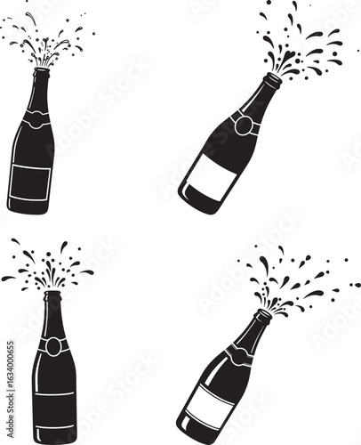 Four black silhouettes of champagne bottles popping with bubbles and spray
