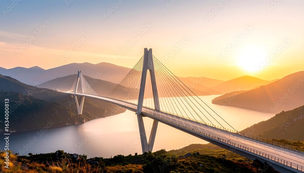 Obraz premium Bridge Over Water at Sunset with Mountain Views