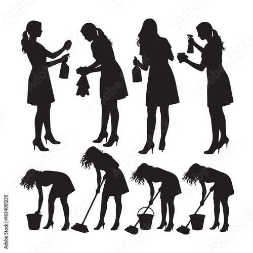 A black and white silhouette illustration of a woman in various cleaning poses.