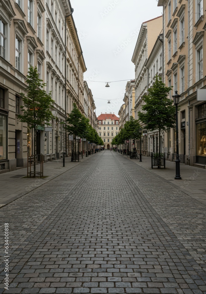 Obraz premium Empty Pedestrian Street in European City – Clean Urban Scene with Historic Architecture and Trees