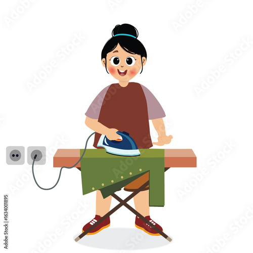 cute girl ironing clothes. cute little girl ironing clothes doing daily chores housework activity. Household routine cartoon character