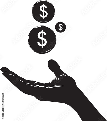 Silhouette hand catching dollar symbols vector illustration concept of finance investment income savings wealth economy